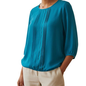 Ann Taylor chiffon pleated scoop neck 3/4 sleeve turquoise blouse size xs